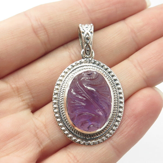 925 Sterling Silver Vintage Real Amethyst Gemstone Beaded Pendant