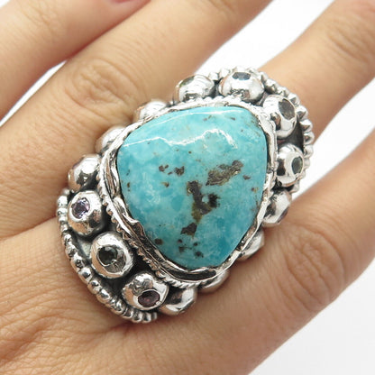 925 Sterling Silver Vintage Turquoise Amethyst Sapphire Gem Beaded Ring Size 11