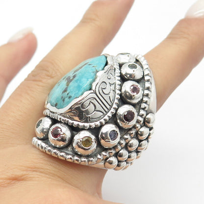 925 Sterling Silver Vintage Turquoise Amethyst Sapphire Gem Beaded Ring Size 11