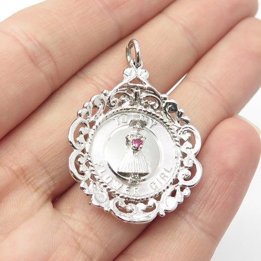 925 Sterling Silver Vintage Real Ruby Gemstone "To My Flower Girl" Pendant