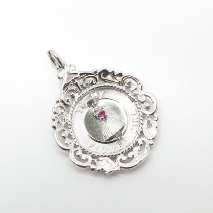 925 Sterling Silver Vintage Real Ruby Gemstone "To My Flower Girl" Pendant