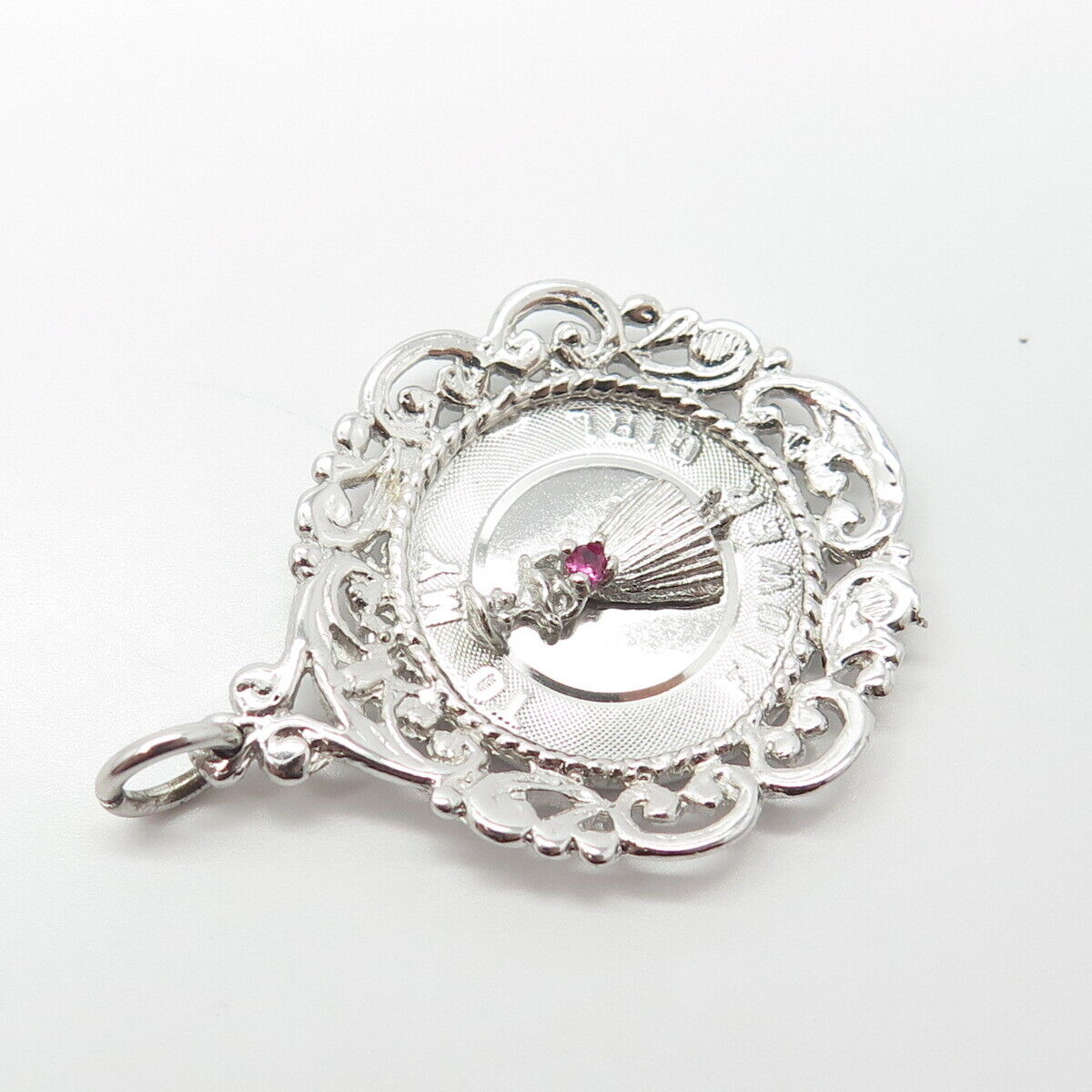 925 Sterling Silver Vintage Real Ruby Gemstone "To My Flower Girl" Pendant