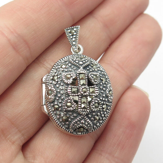 925 Sterling Silver Vintage Real Marcasite Gemstone Cross Locket Pendant