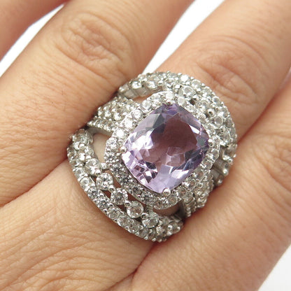 925 Sterling Silver Real White Topaz & Amethyst Gemstone Wide Ring Size 7.5