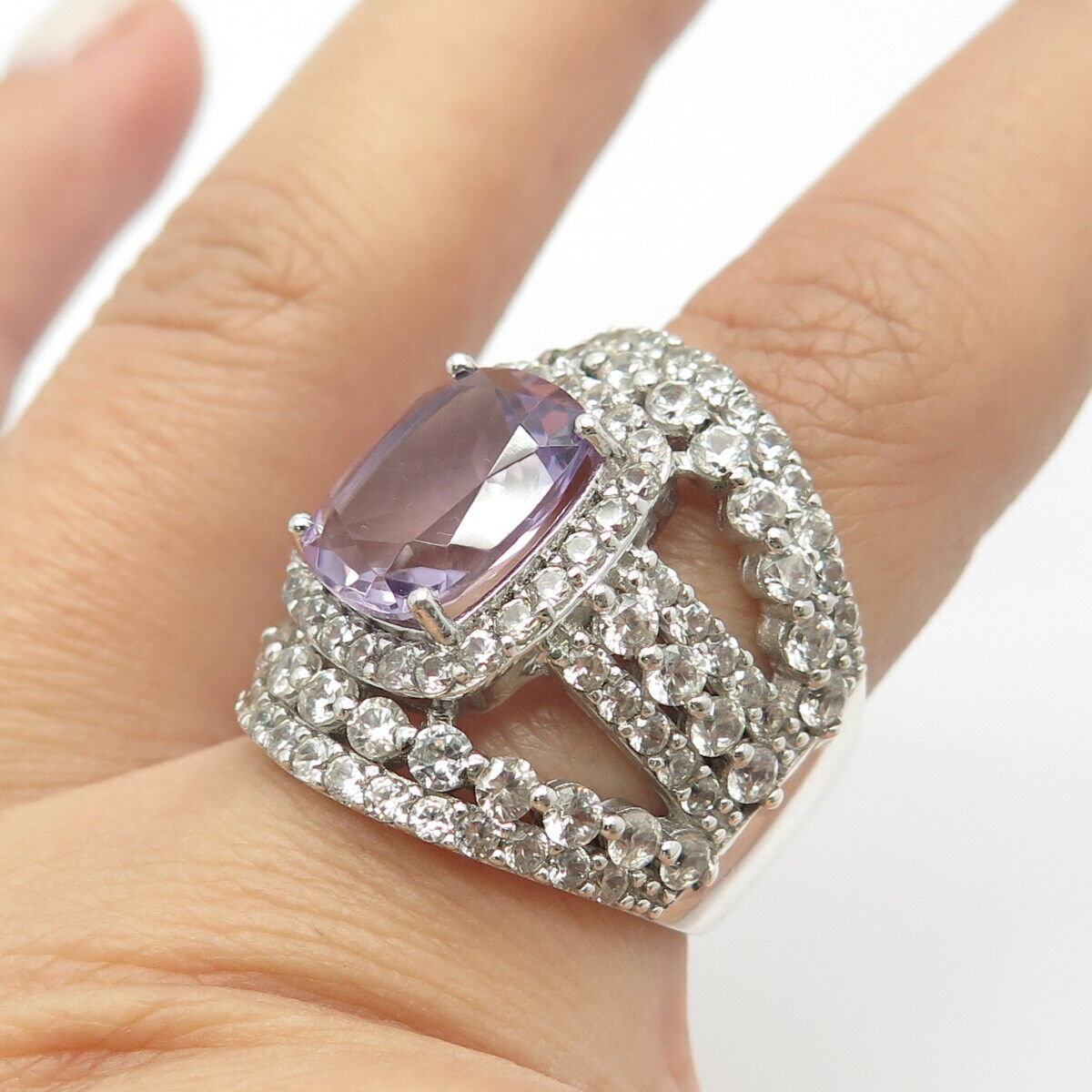 925 Sterling Silver Real White Topaz & Amethyst Gemstone Wide Ring Size 7.5