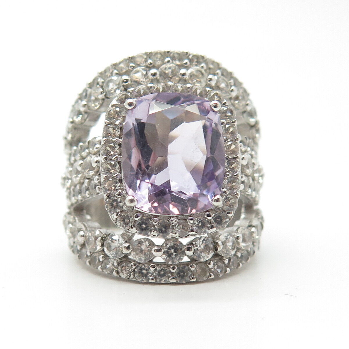 925 Sterling Silver Real White Topaz & Amethyst Gemstone Wide Ring Size 7.5