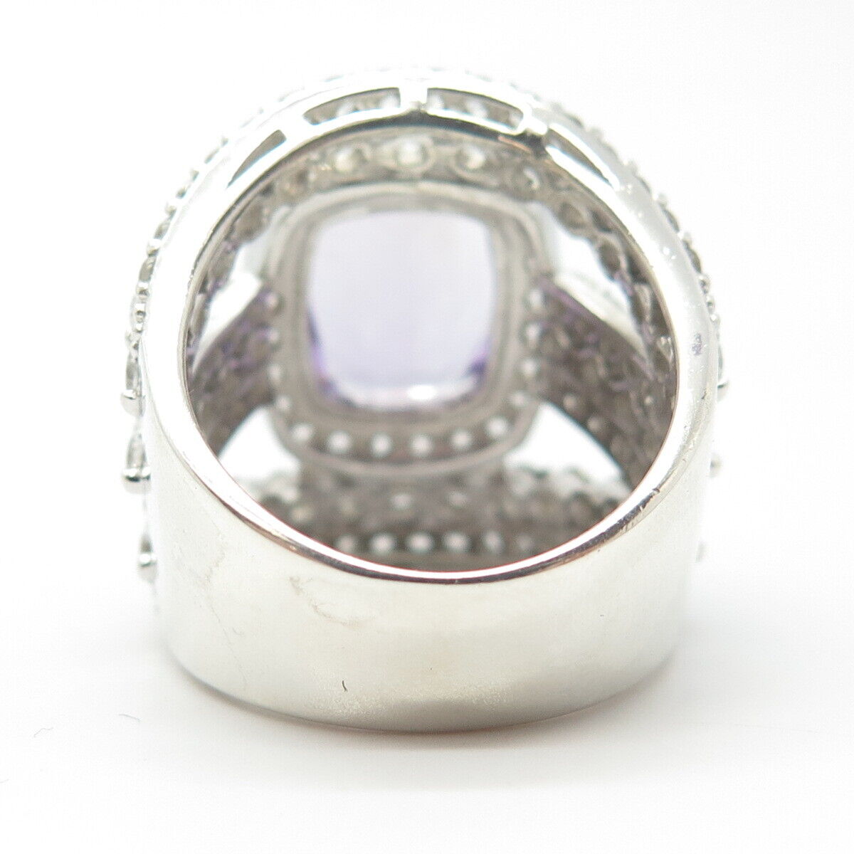 925 Sterling Silver Real White Topaz & Amethyst Gemstone Wide Ring Size 7.5