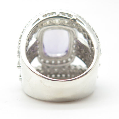 925 Sterling Silver Real White Topaz & Amethyst Gemstone Wide Ring Size 7.5