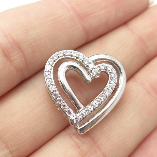 925 Sterling Silver Pave C Z Double Open Heart Slide Pendant