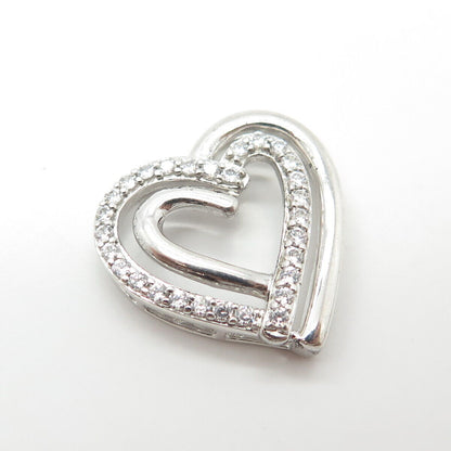 925 Sterling Silver Pave C Z Double Open Heart Slide Pendant