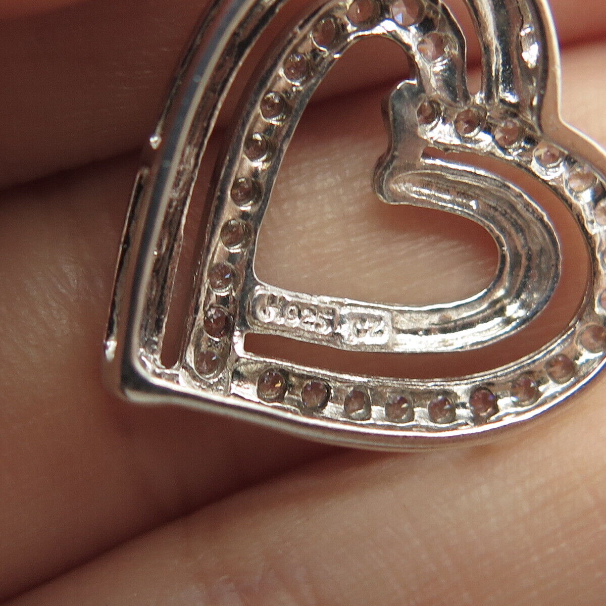 925 Sterling Silver Pave C Z Double Open Heart Slide Pendant