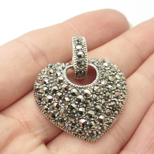 925 Sterling Silver Vintage Real Marcasite Gemstone Heart Pendant