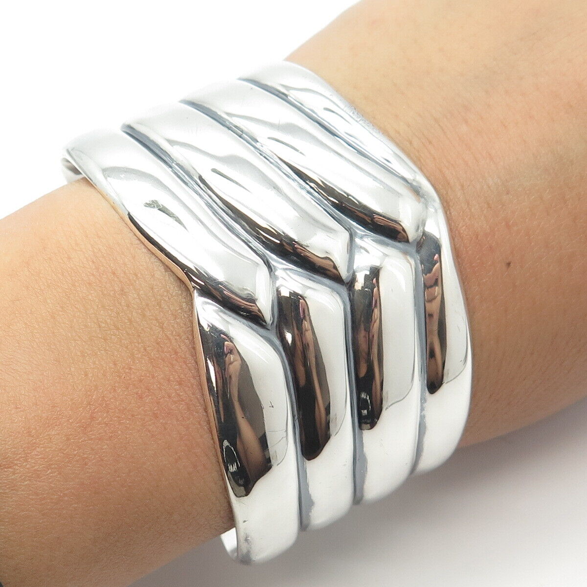 925 Sterling Silver Vintage Mexico ATI Ribbed Adjustable Cuff Bracelet 7.5"