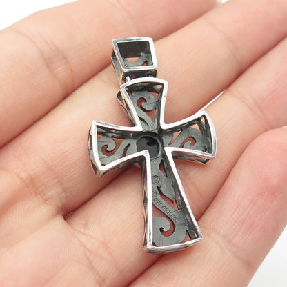 925 Sterling Silver Vintage Real Black Onyx Gem Cross Amulet Pendant