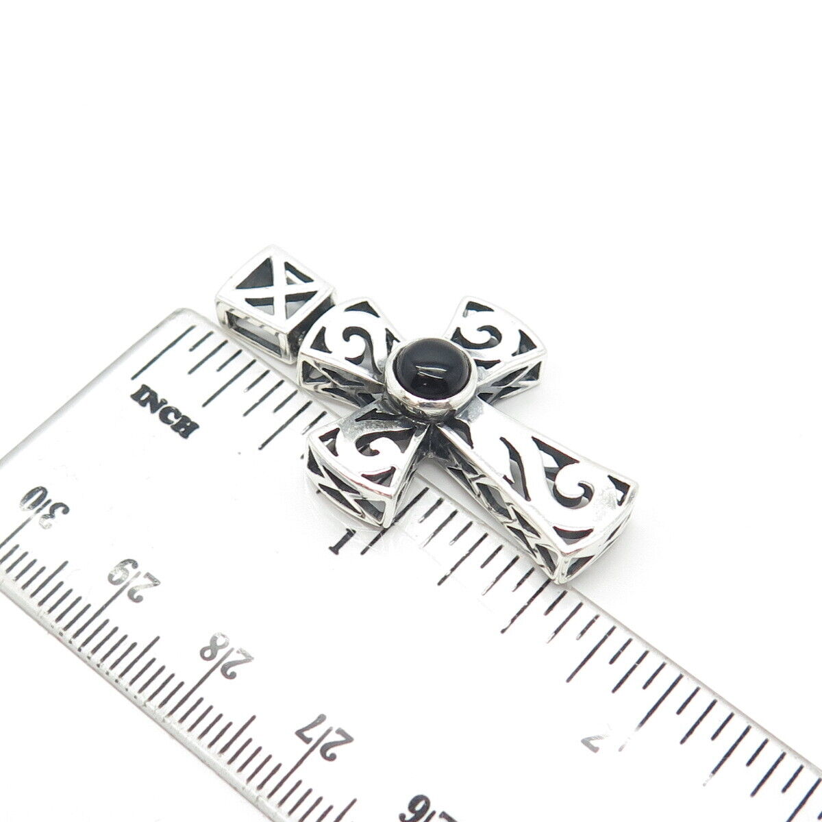 925 Sterling Silver Vintage Real Black Onyx Gem Cross Amulet Pendant