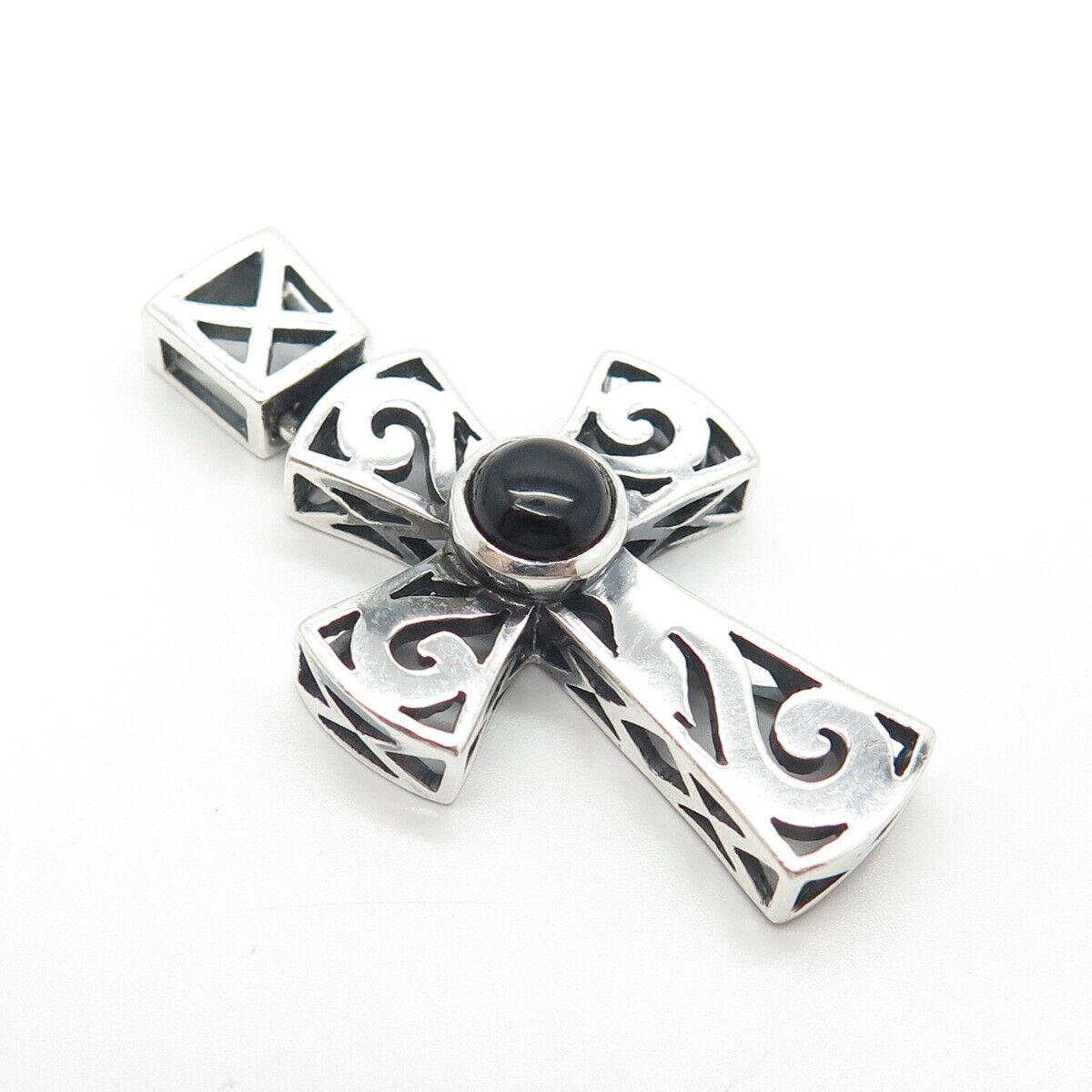 925 Sterling Silver Vintage Real Black Onyx Gem Cross Amulet Pendant