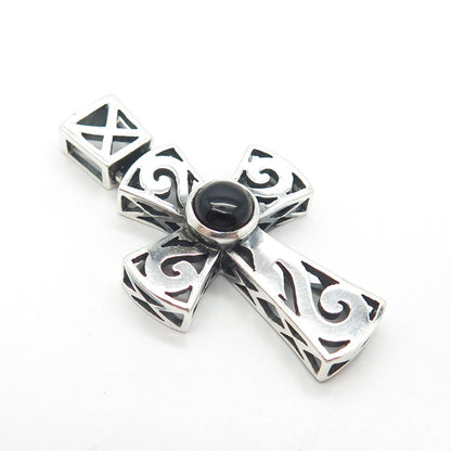 925 Sterling Silver Vintage Real Black Onyx Gem Cross Amulet Pendant