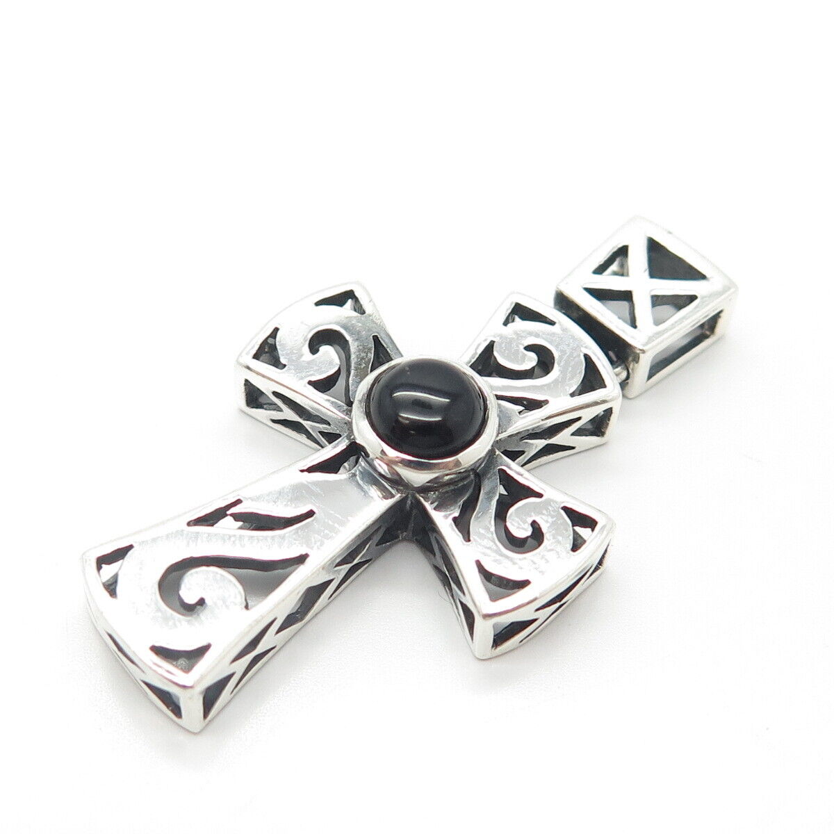 925 Sterling Silver Vintage Real Black Onyx Gem Cross Amulet Pendant