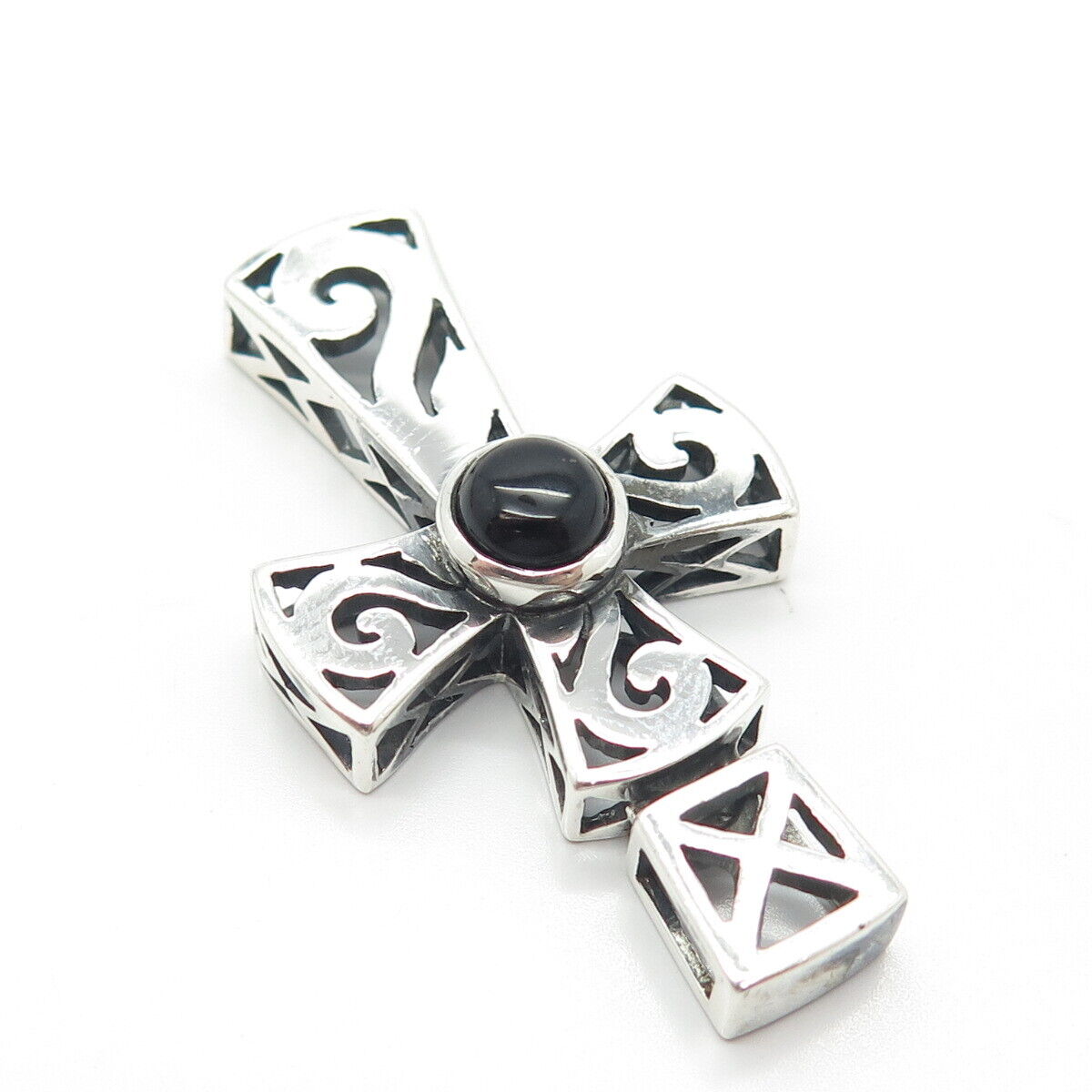 925 Sterling Silver Vintage Real Black Onyx Gem Cross Amulet Pendant