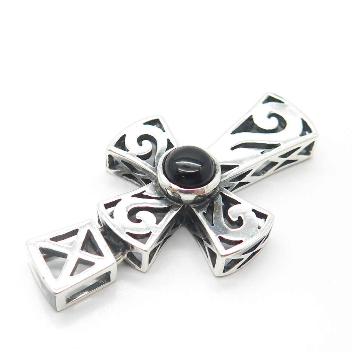 925 Sterling Silver Vintage Real Black Onyx Gem Cross Amulet Pendant