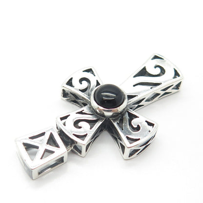 925 Sterling Silver Vintage Real Black Onyx Gem Cross Amulet Pendant