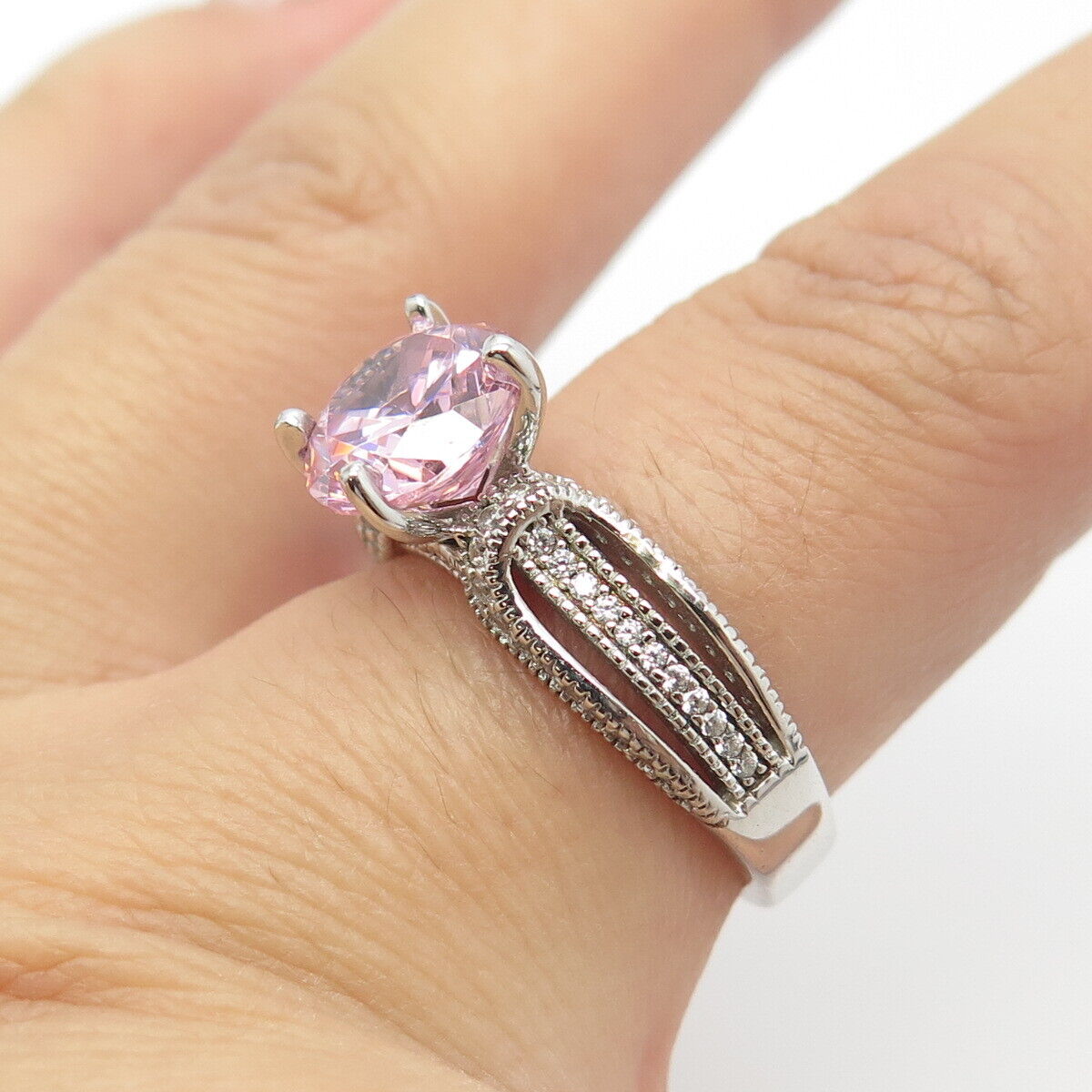 925 Sterling Silver White & Pink C Z Ring Size 8