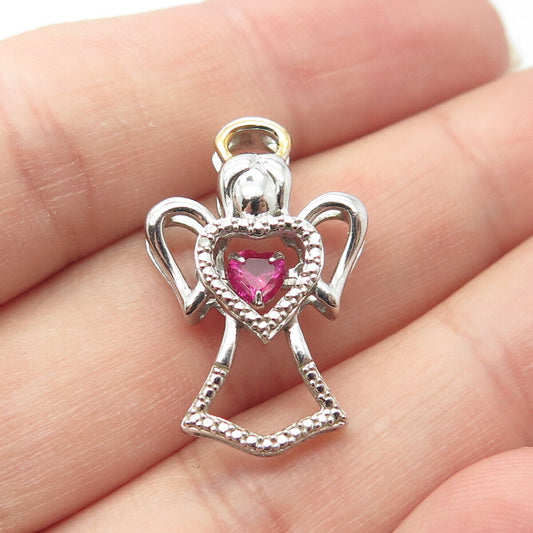 925 Sterling Silver 2-Tone SUN Real Diamond Accent & Lab Sapphire Angel Pendant