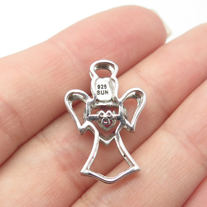 925 Sterling Silver 2-Tone SUN Real Diamond Accent & Lab Sapphire Angel Pendant