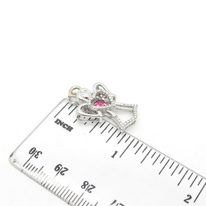 925 Sterling Silver 2-Tone SUN Real Diamond Accent & Lab Sapphire Angel Pendant