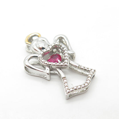 925 Sterling Silver 2-Tone SUN Real Diamond Accent & Lab Sapphire Angel Pendant