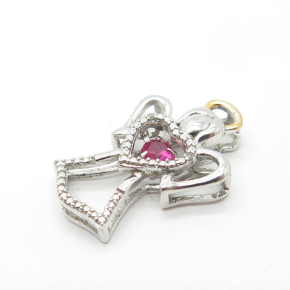 925 Sterling Silver 2-Tone SUN Real Diamond Accent & Lab Sapphire Angel Pendant