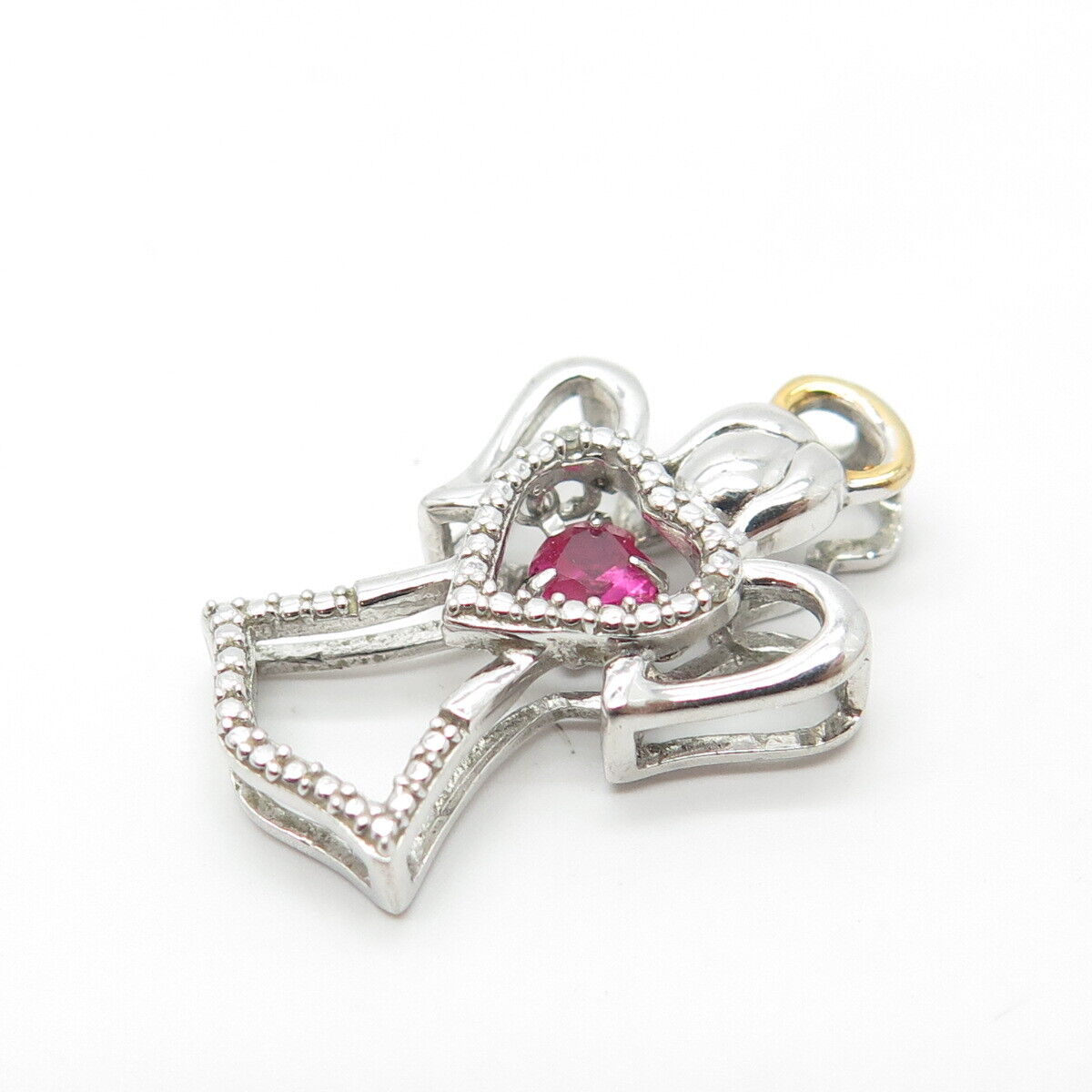 925 Sterling Silver 2-Tone SUN Real Diamond Accent & Lab Sapphire Angel Pendant