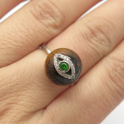 925 Sterling Silver Real Tiger Eye Peridot Gemstone & C Z Eye Ring Size 7