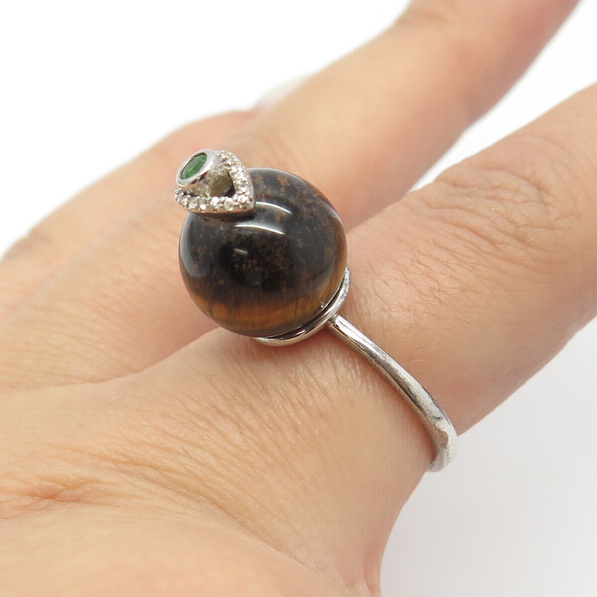 925 Sterling Silver Real Tiger Eye Peridot Gemstone & C Z Eye Ring Size 7