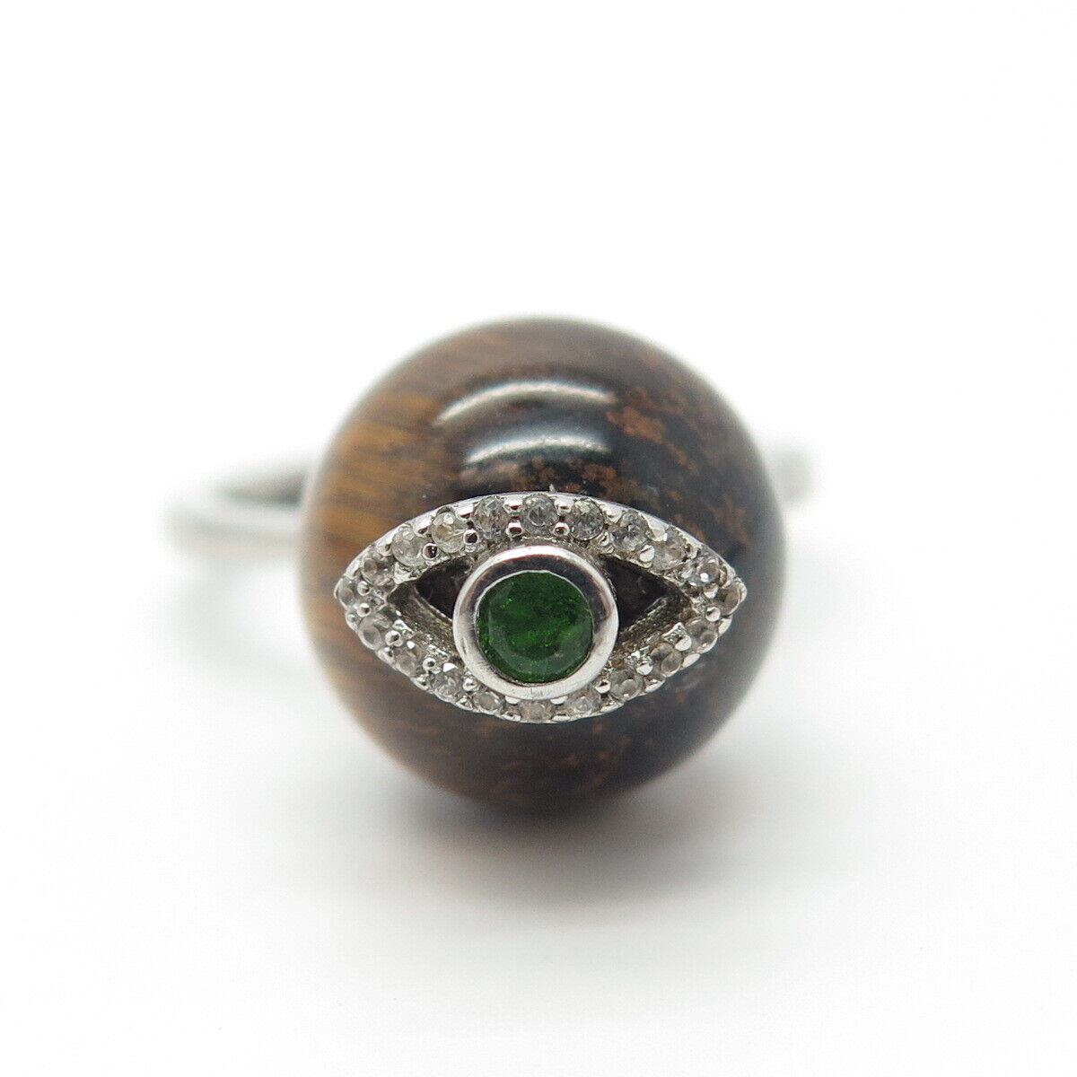 925 Sterling Silver Real Tiger Eye Peridot Gemstone & C Z Eye Ring Size 7