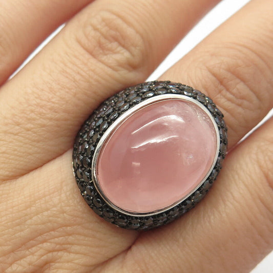 925 Sterling Silver Real Rose Quartz & Black Spinel Gem Domed Ring Size 8.25