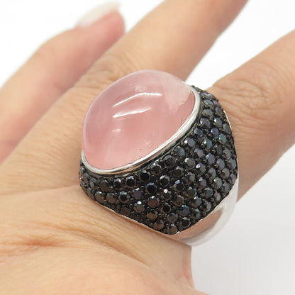 925 Sterling Silver Real Rose Quartz & Black Spinel Gem Domed Ring Size 8.25