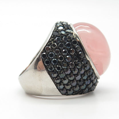 925 Sterling Silver Real Rose Quartz & Black Spinel Gem Domed Ring Size 8.25