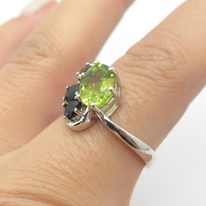 925 Sterling Silver Real Peridot & Black Spinel Gemstone Ring Size 8