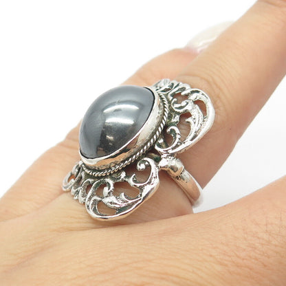 800 Silver Vintage Real Hematite Gemstone Ornate Ring Size 6.25