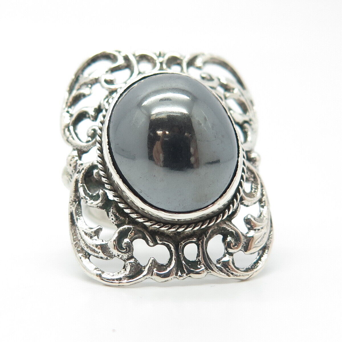 800 Silver Vintage Real Hematite Gemstone Ornate Ring Size 6.25