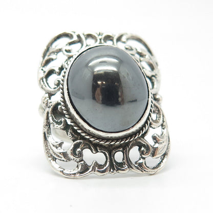 800 Silver Vintage Real Hematite Gemstone Ornate Ring Size 6.25