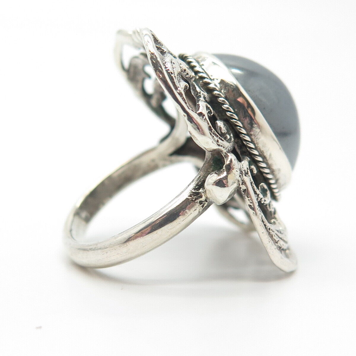 800 Silver Vintage Real Hematite Gemstone Ornate Ring Size 6.25
