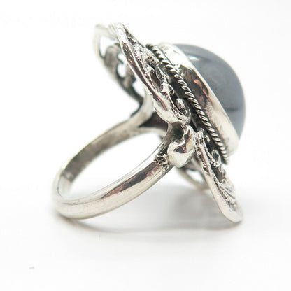 800 Silver Vintage Real Hematite Gemstone Ornate Ring Size 6.25
