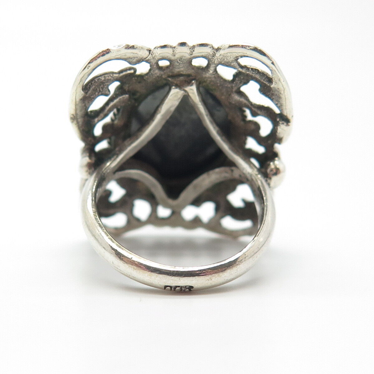 800 Silver Vintage Real Hematite Gemstone Ornate Ring Size 6.25
