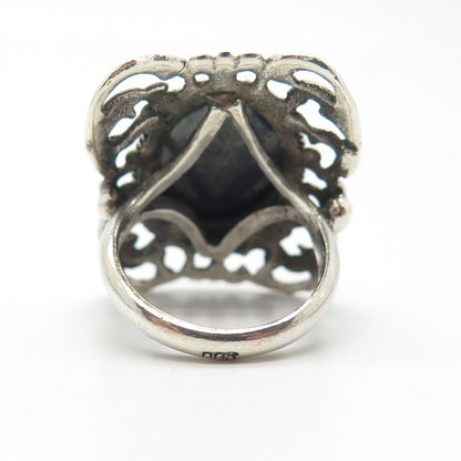 800 Silver Vintage Real Hematite Gemstone Ornate Ring Size 6.25