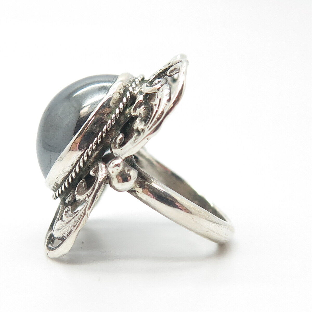 800 Silver Vintage Real Hematite Gemstone Ornate Ring Size 6.25