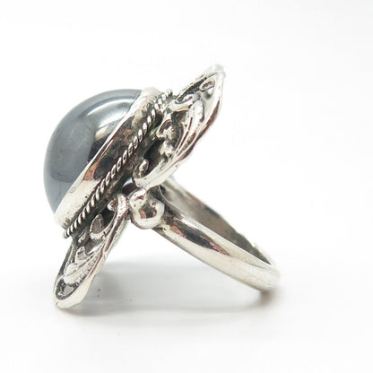 800 Silver Vintage Real Hematite Gemstone Ornate Ring Size 6.25