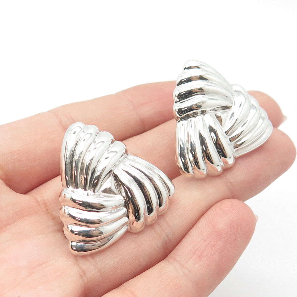 925 Sterling Silver Vintage Ribbed Triangle Clip On Earrings