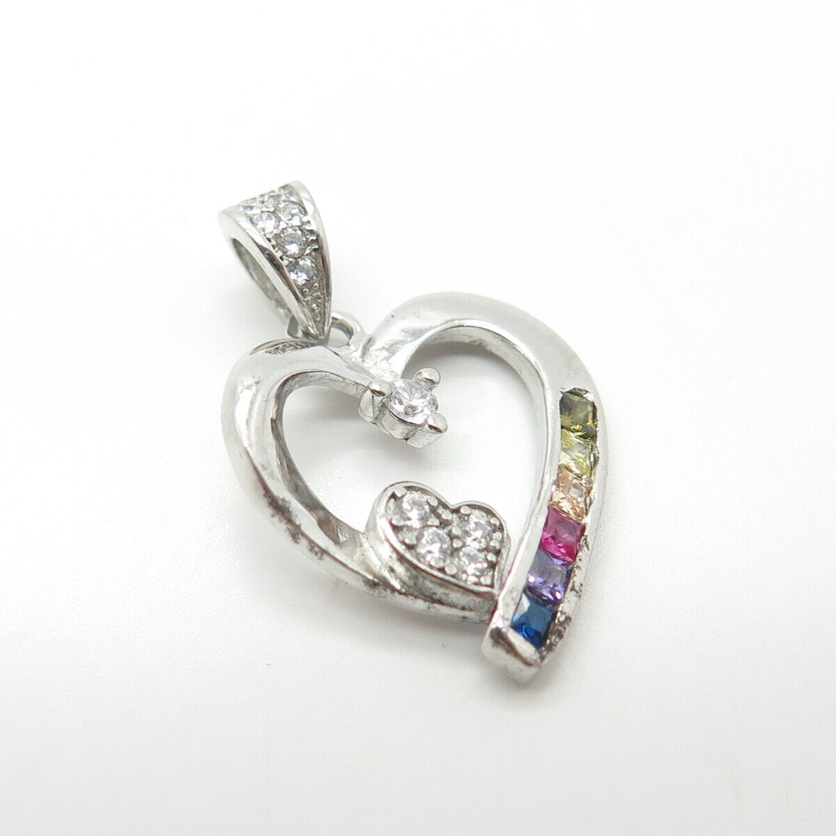 925 Sterling Silver Multicolor C Z Heart Birthstone Pendant